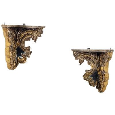 Pair of Venetian Mecca and Mirrored Carved Wood Corner Shelves, circa 1800