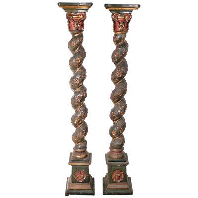 Pair of Baroque Painted and Gilt Solomic Columns, Italy, 17th/18th century