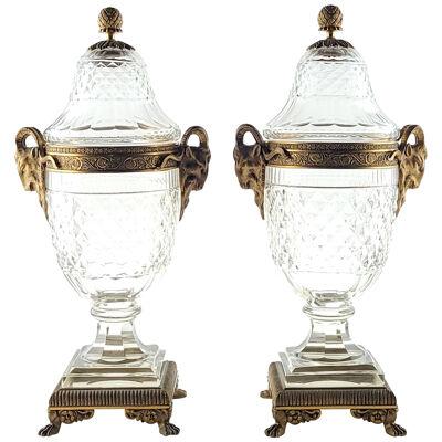 Pair of French Crystal Gilt Bronze Mounted Covered Urns, circa 1900