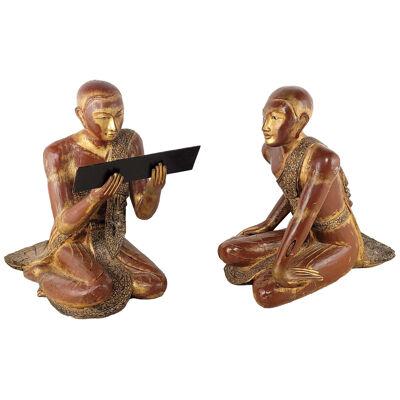 Large Pair of Southeast Asian Lacquered and Gilt Monks, 20th century