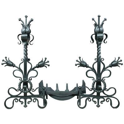 Arts & Crafts Pair of Wrought Iron Fire Dogs