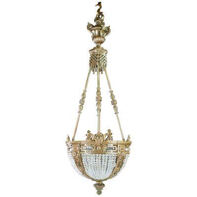 French Brass Crystal Beaded Chandelier
