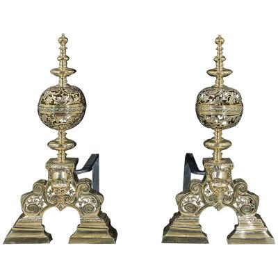 Pair of Tall Baroque Style Brass Andirons