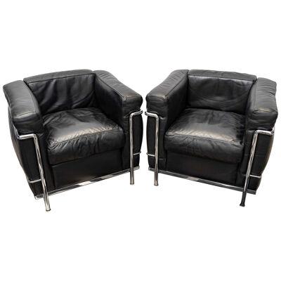 Le Corbusier, Perriand, Jeanneret Cassina Pair Of Lc2 Armchairs Black Leather
