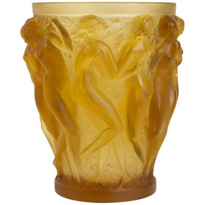 1927 René Lalique Original Bacchantes Vase in Yellow Amber Glass, Dancing Women