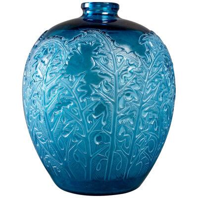 1920 René Lalique - Vase Acanthes Electric Blue Glass White Patina