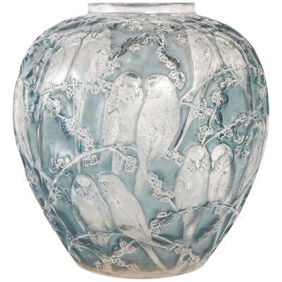 1919 René Lalique - Vase Perruches Frosted Glass With Blue Patina