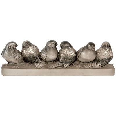  1933 René Lalique - Decoration Group Of Six Sparrows Glass With Grey Patina
