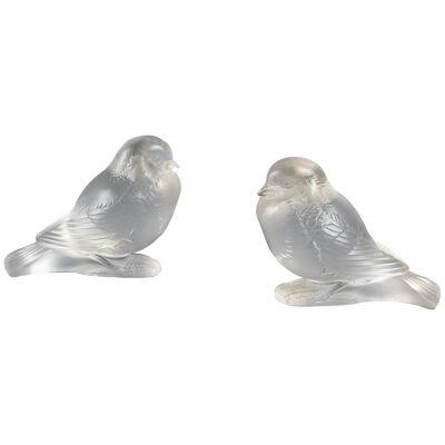 1929 René Lalique - Pair Of Paperweights Moineau Fier Frosted Glass