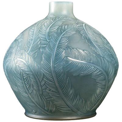1920 René Lalique - Vase Plumes Double Cased Opalescent Glass With Blue Patina