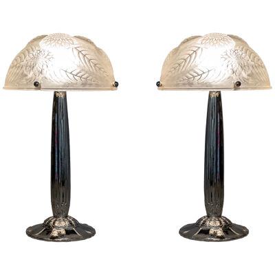 1921 René Lalique Pair of Lamps "Dahlias" Glass & Nickel Plated Bronze Feet