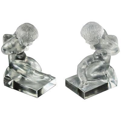 1929 René Lalique - Pair Of Bookends Amour Frosted Glass