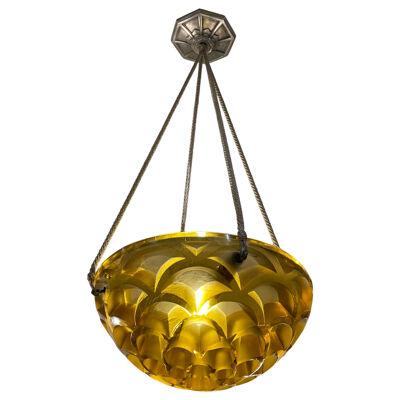 1926 René Lalique - Ceiling Fixture Light Chandelier Rinceaux Yellow Amber Glass