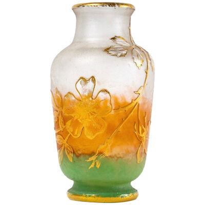 Daum Nancy - Vase Acid Etched Glass Flowers And Butterfly