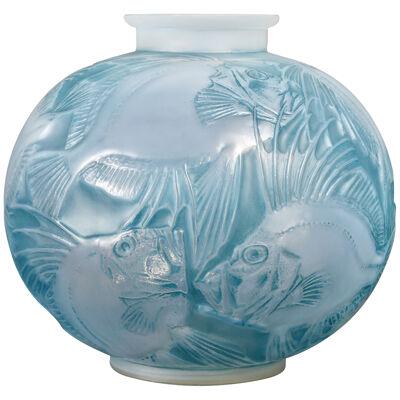 1921 René Lalique - Vase Poissons Cased Opalescent Glass With Blue Patina