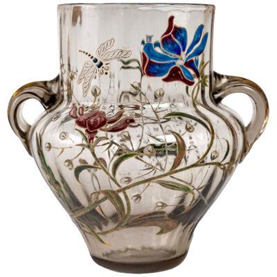 Emile Gallé Cristallerie - Handled Enamel Grey Glass Vase 