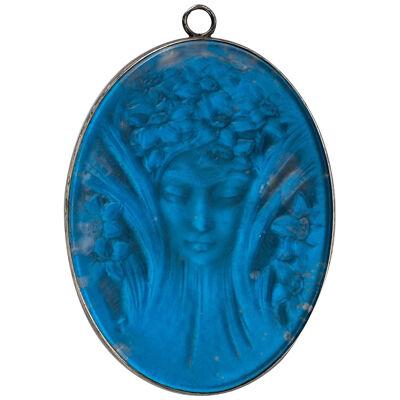 1919 René Lalique - Pendant Mirror Tete Frostred Glass On Electric Blue Foil