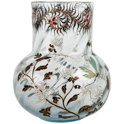 Emile Gallé - Vase Cristallerie Light Blue Glass Dragonfly And Chrysanthemums 
