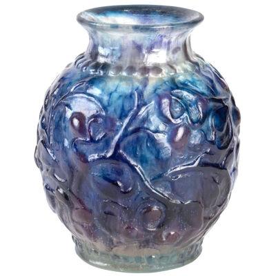 1924 Gabriel Argy Rousseau Vase Fruits Et Feuilles Blue Purple Glass