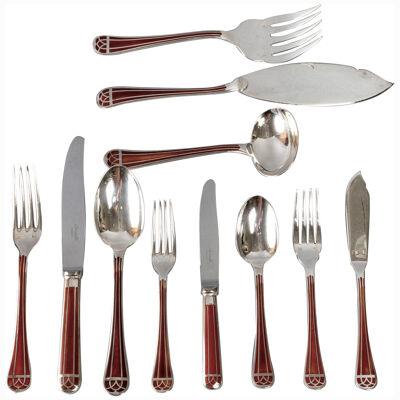 Christofle Talisman Flatware 8 People Plated Silver Chinese Lacquer 67 Pieces