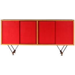 Sideboard with red wooden sliding doors from Italy 1950