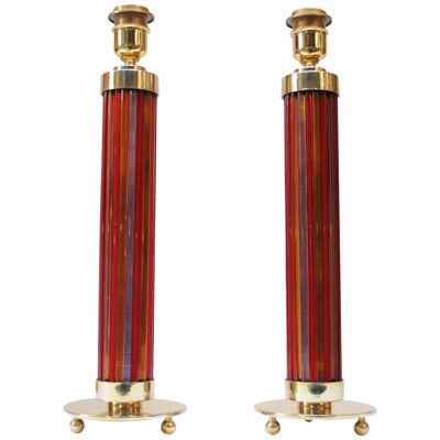 Pair of Italian Modernist Murano Reeded Glass and Brass Column Table Lamps