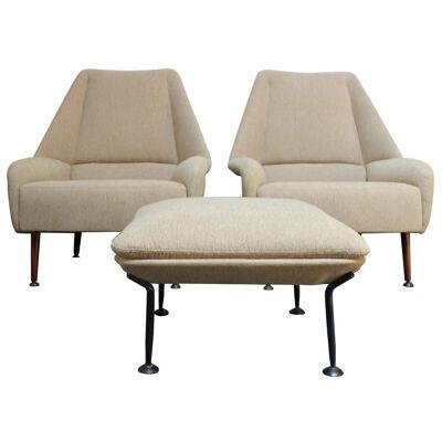 Pair of Ernest Race Flamingo Lounge Chairs and Ottoman