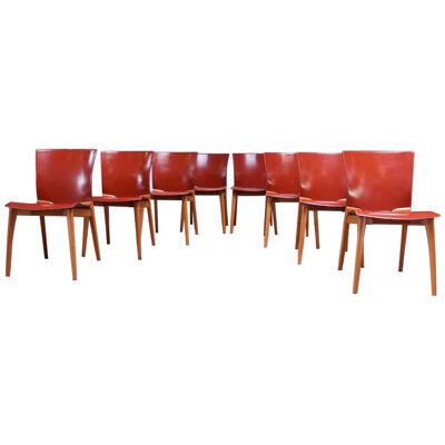 Set of Eight Josep Llusca ‘Cos’ Chairs for Cassina in Red Leather and Beechwood