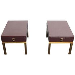 Pair of French Moderne Lacquered Mahogany and Brass Nightstands by Guy Lefèvre