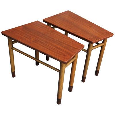 Pair of Mid-Century Walnut, Leather and Mahogany Wedge End Tables by Dunbar