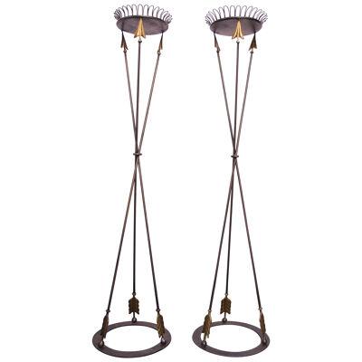 Pair of Maitland Smith Neoclassical Iron "Arrow" Torchières / Plant Stands
