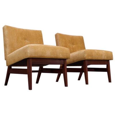 Midcentury American Modern Walnut and Velvet Slipper Chairs