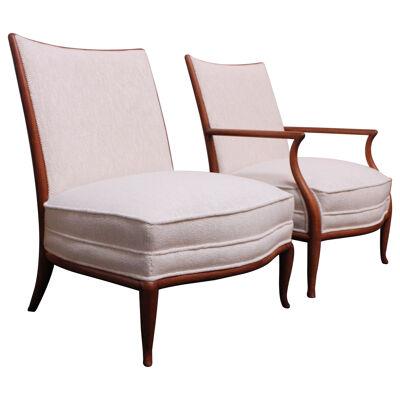 T.H. Robsjohn-Gibbings Walnut Lounge Chair and Slipper Chair Set