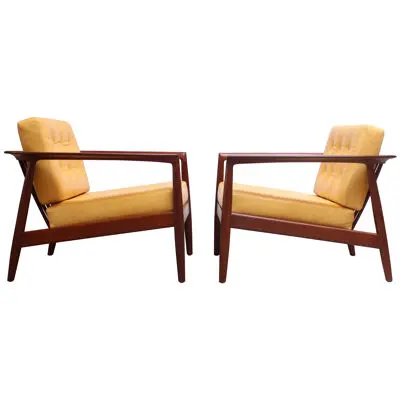 Swedish Modern Leather and Teak Lounge Chairs by Folke Ohlsson for DUX