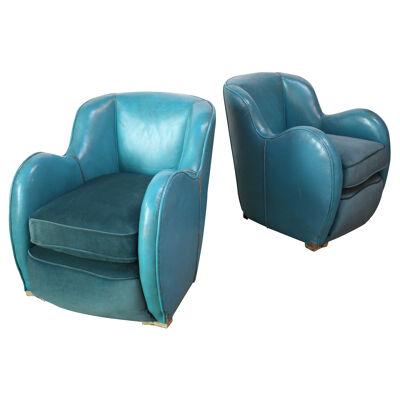 Scandinavian Deco Club Chairs in Blue Leather and Velvet