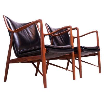 Pair of Vintage Walnut and Leather "45" Lounge Chairs by Finn Juhl for Baker