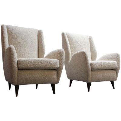 Pair of Sculptural Italian Modernist Bouclé Lounge Chairs by ISA Bergamo