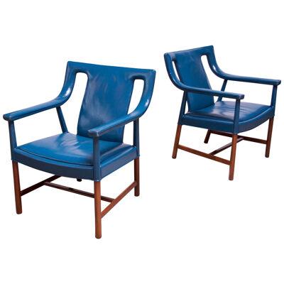 Pair of Danish Blue Leather Armchairs by Ejner Larsen and Aksel Bender Madsen