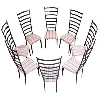 Set of Eight Ebonized Midcentury Italian Modern Tall Ladder Back Dining Chairs