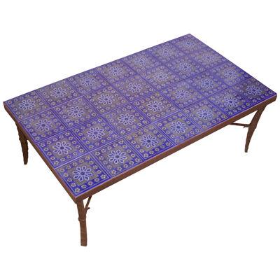 Large Scandinavian Modern Forged Bronze and Ceramic Tile Coffee Table