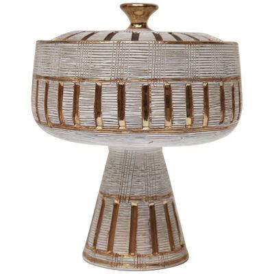 Italian Gold and White Glazed Incised Ceramic Compote by Aldo Londi for Bitossi