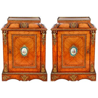 Pair French 19th Century Pier Cabinets, Porcelain Plaques