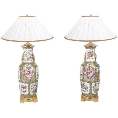 Pair of 19th Century Rose Medallion, Canton Vases or Lamps