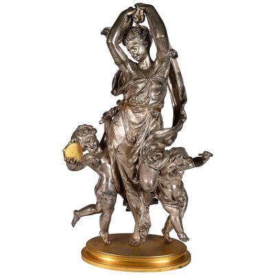 19th Century Silvered bronze mother and children dancing. By Carrier