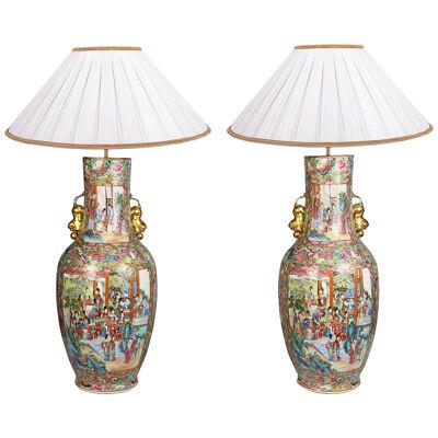 Pair Rose Medallion vases / lamps, 19th Century.