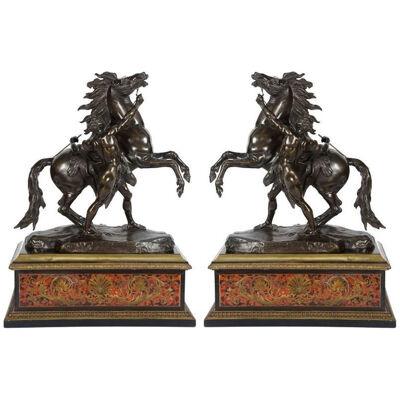 Large Pair of 19th Century Bronze Marly Horses on Boulle Stands 32"(81cm)
