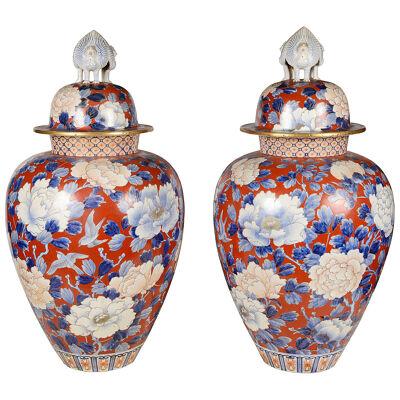 Large Pair 19th Century Japanese Fukagawa Lidded Vases