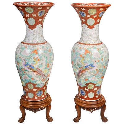 Large pair Japanese Fukagawa porcelain vases on stands, circa 1890.