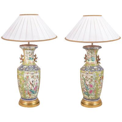Pair 19th Century Chinese Rose medallion vases / lamps.