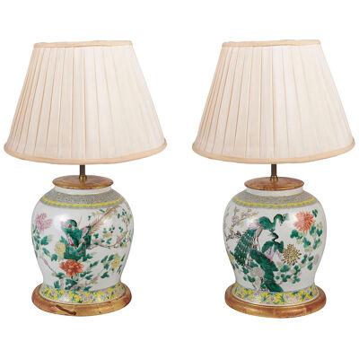 Pair 19th Century Chinese Famille Rose vases / lamps.